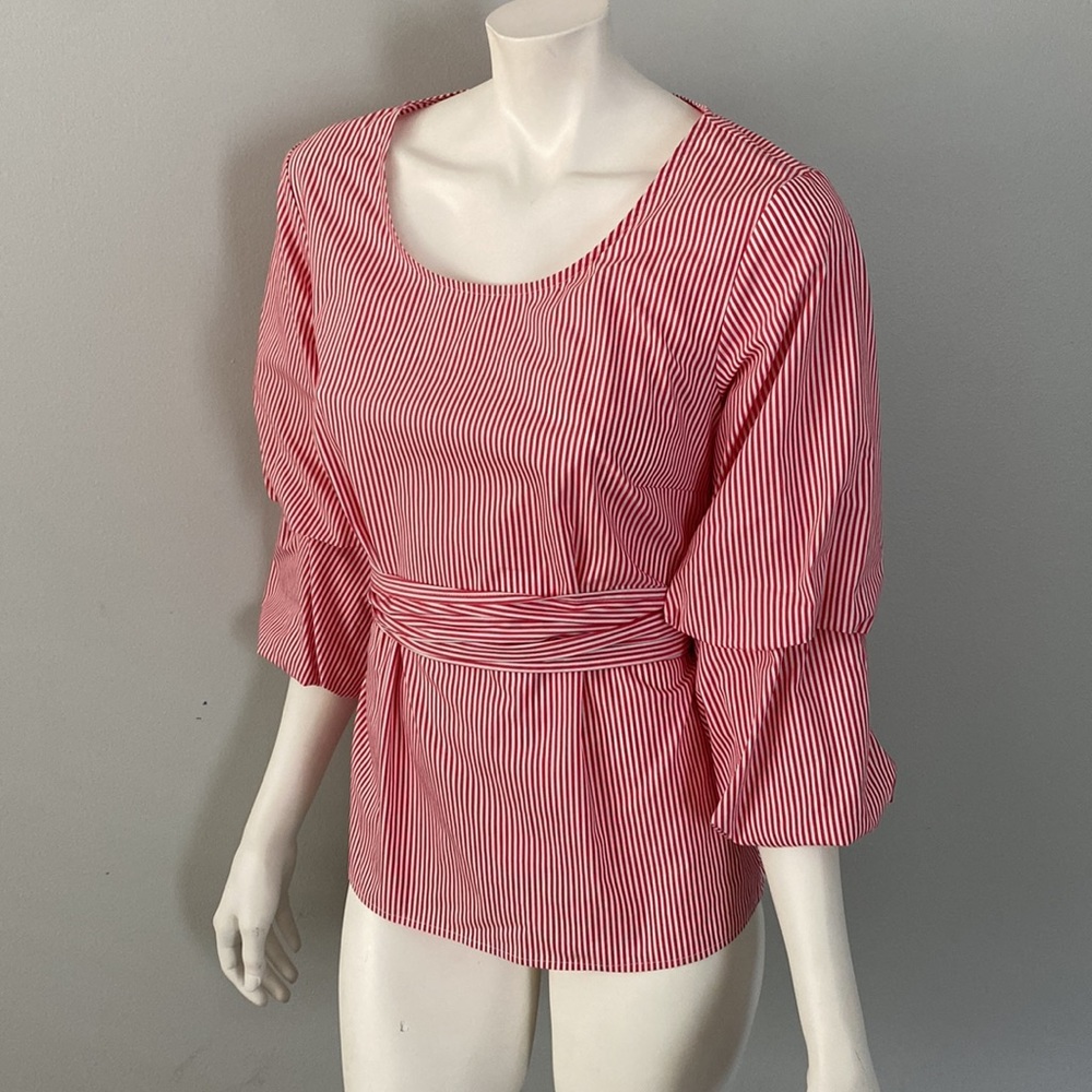 INC Red and White Striped 3/4 Sleeve Tie Waist Blouse EUC